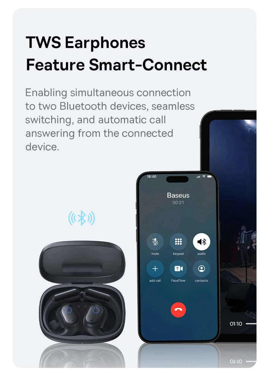 Baseus Eli 10i Fit Open-Ear Earphones Ear Hooks Wireless Bluetooth 5.4 Headphones IP54 Waterproof Air conduction Sports Earbuds-Black