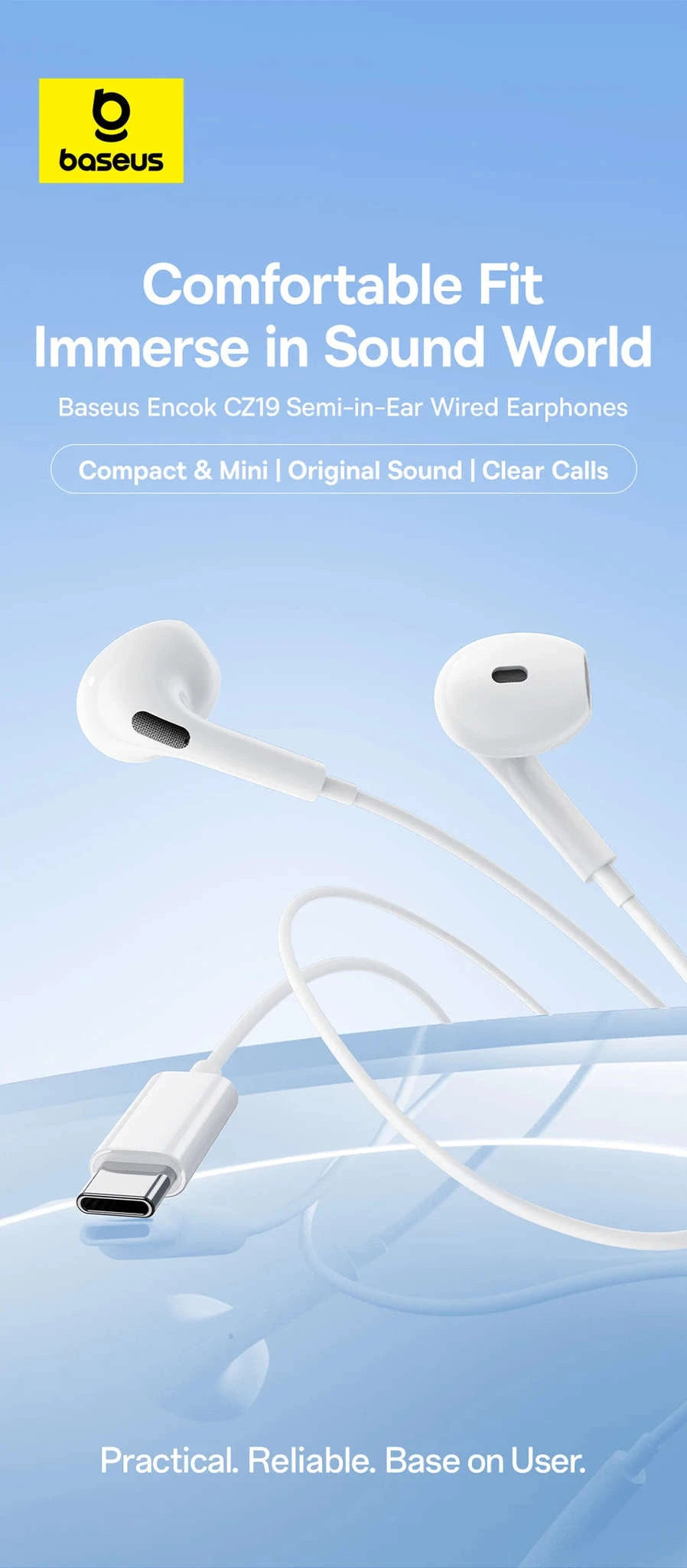 Baseus Encok CZ19 Type‑C Wired Earphones with Mic-WHITE