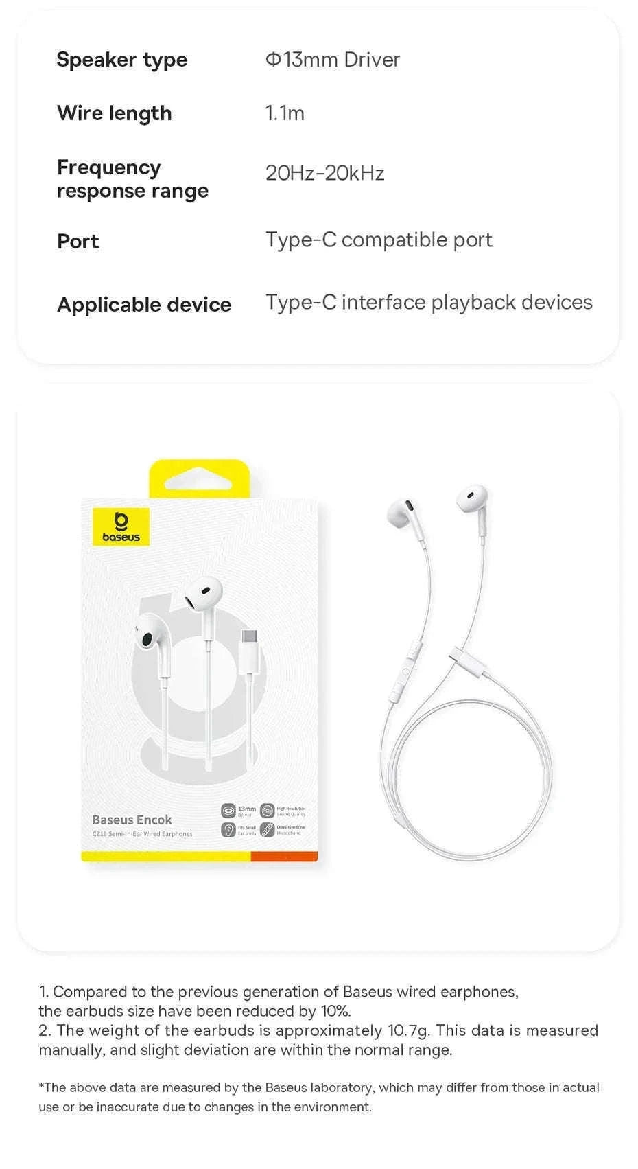 Baseus Encok CZ19 Type‑C Wired Earphones with Mic-WHITE
