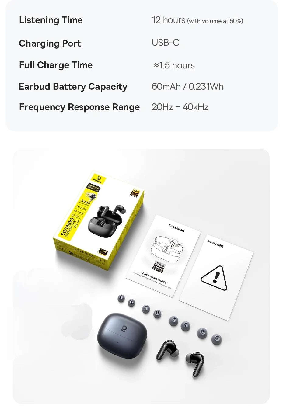 Baseus EP10 Pro ANC Wireless Earbuds with LDAC & 55H Battery-White