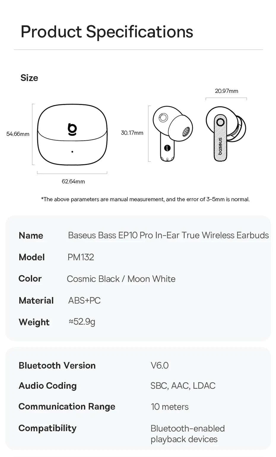 Baseus EP10 Pro ANC Wireless Earbuds with LDAC & 55H Battery-White