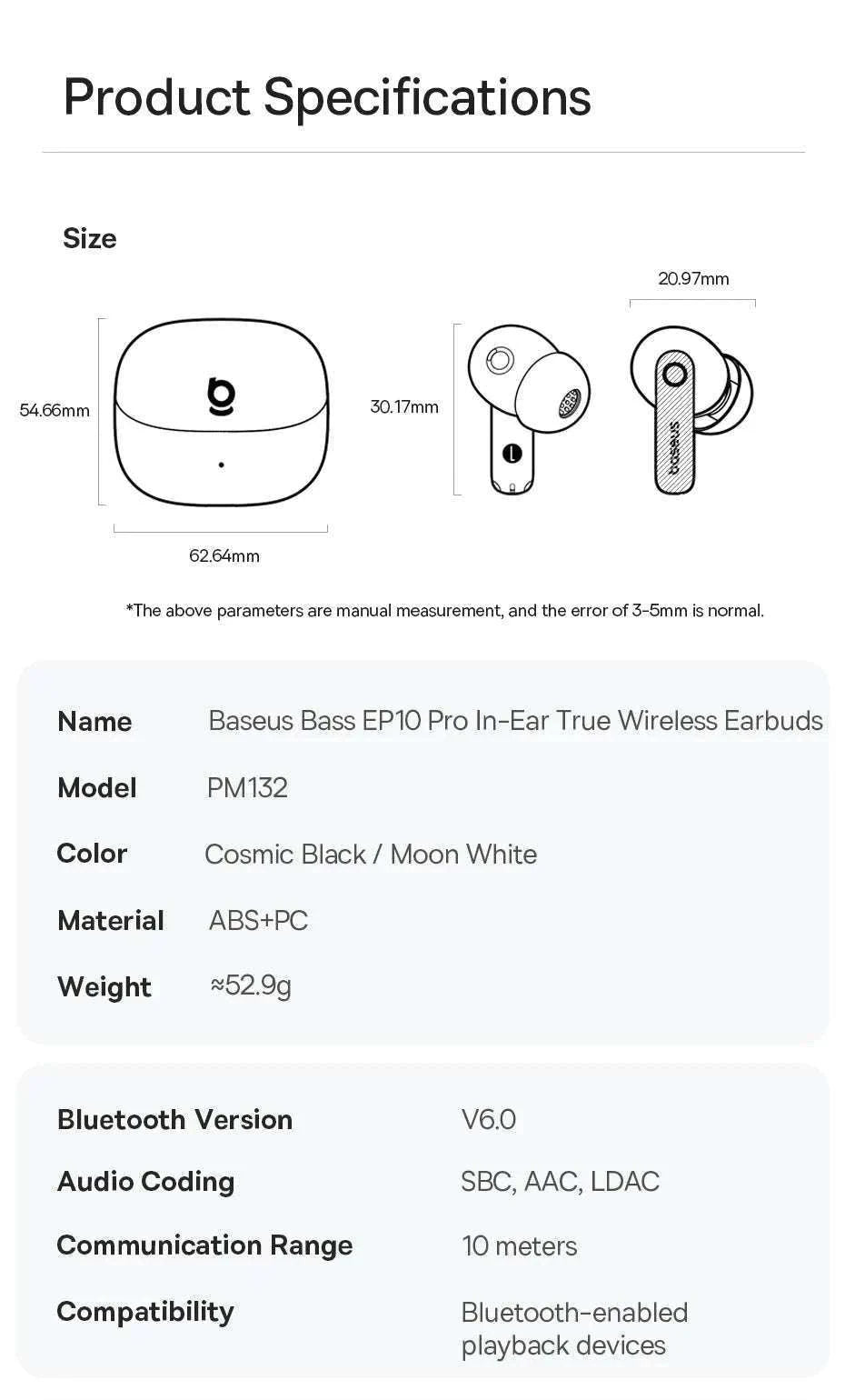 Baseus EP10 Pro ANC Wireless Earbuds with LDAC & 55H Battery-White