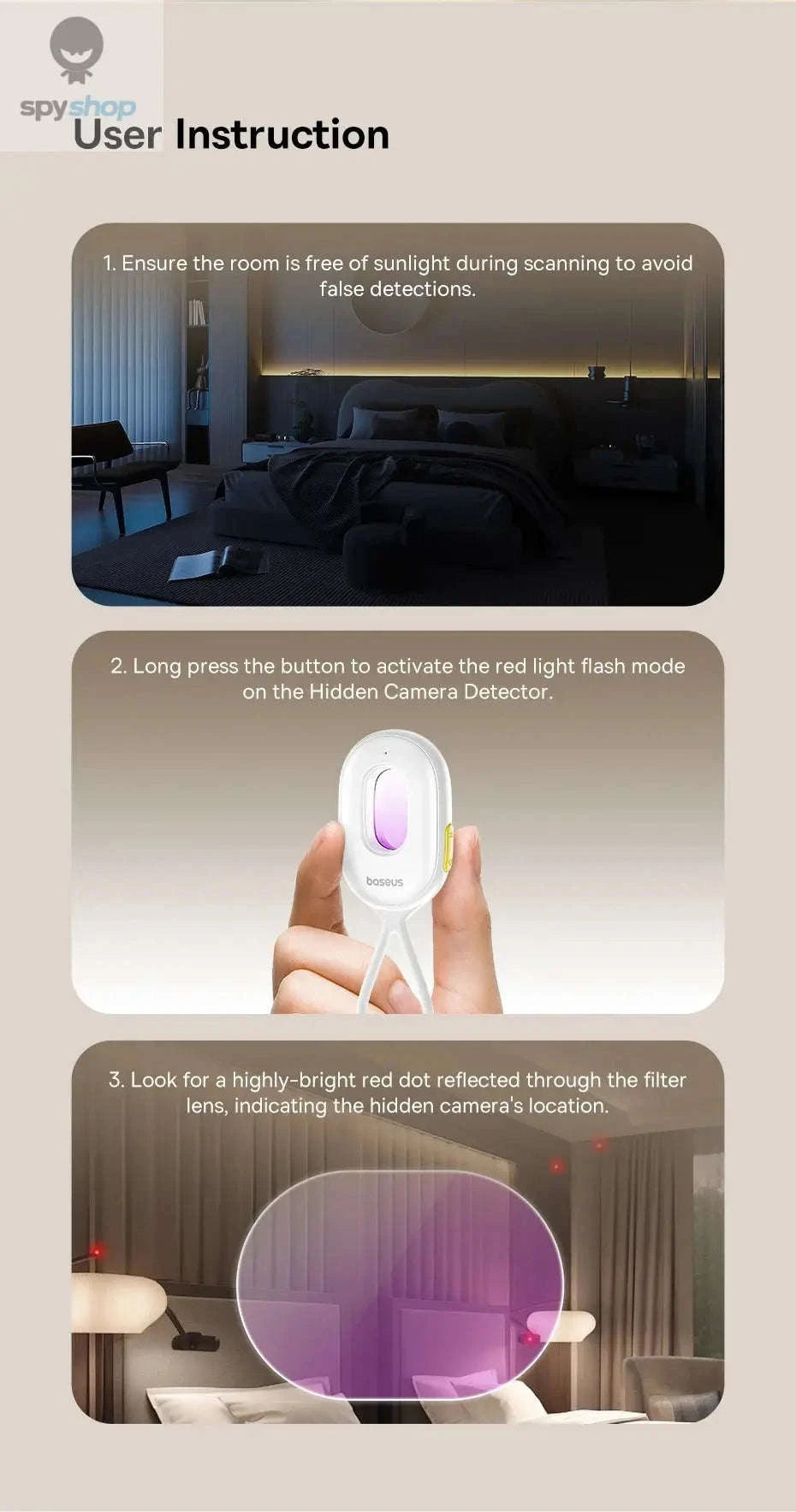 Baseus Heyo Series II Hidden Camera Detector – Dual Detection, Intrusion Alarm, Long Standby-Black / CHINA