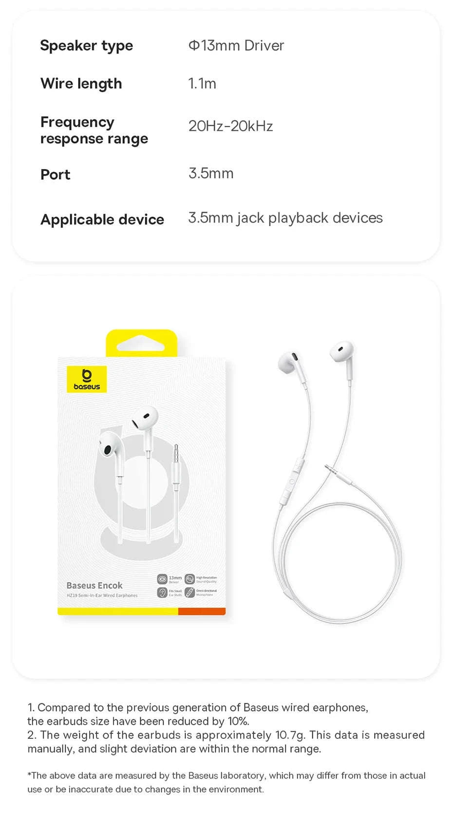 Baseus HZ19 Wired Earphones 3.5mm Semi‑In‑Ear Headphones-White