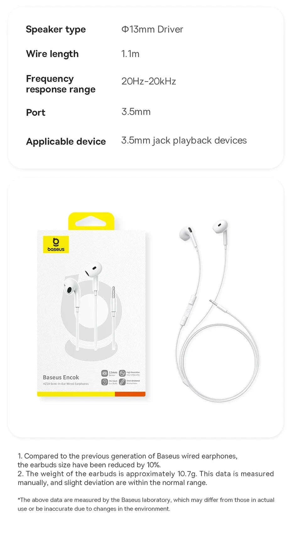 Baseus HZ19 Wired Earphones 3.5mm Semi-In-Ear Headphones-White