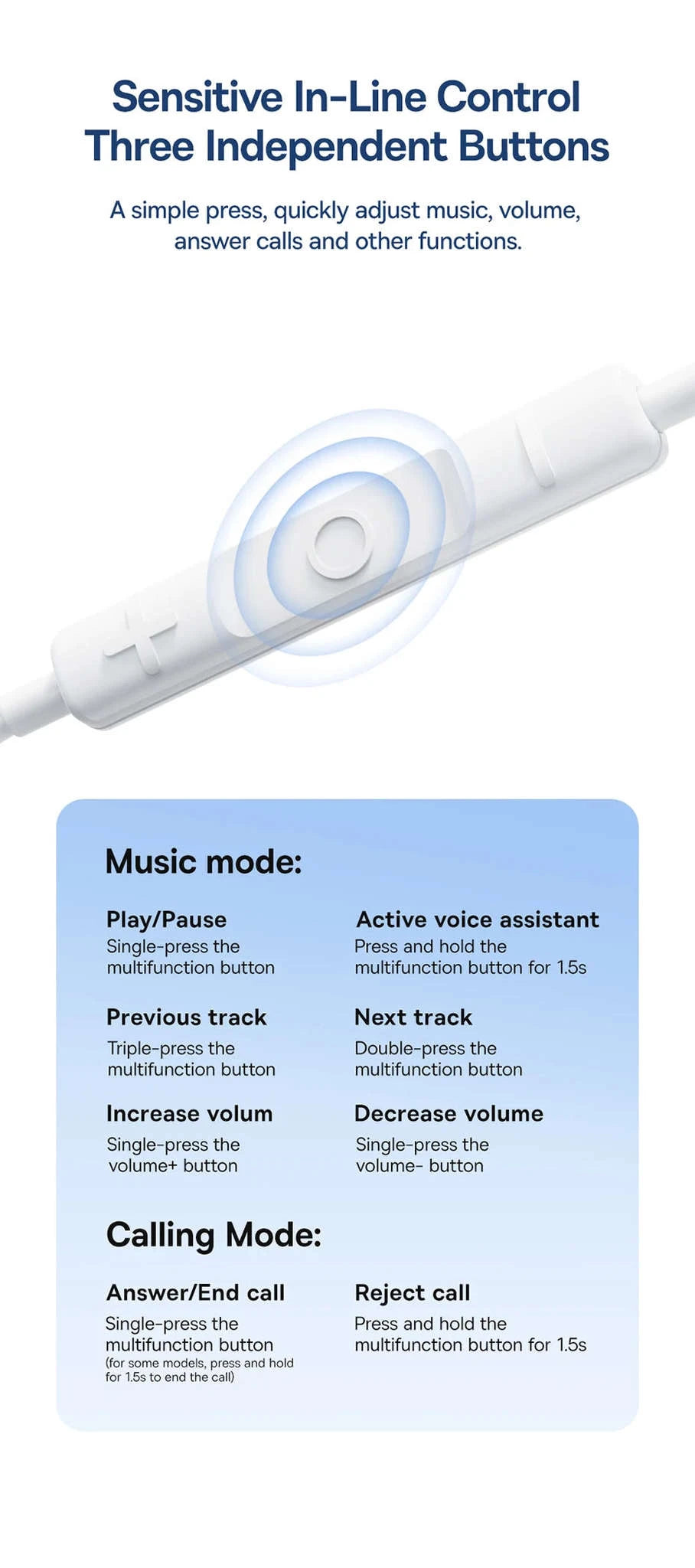 Baseus HZ19 Wired Earphones 3.5mm Semi‑In‑Ear Headphones-White