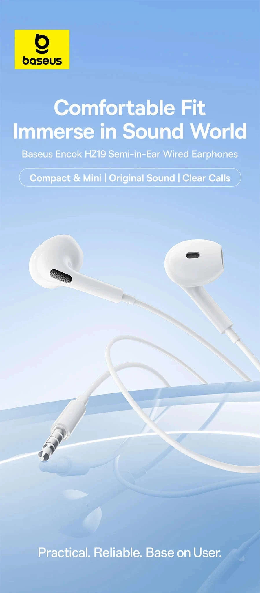 Baseus HZ19 Wired Earphones 3.5mm Semi-In-Ear Headphones-White
