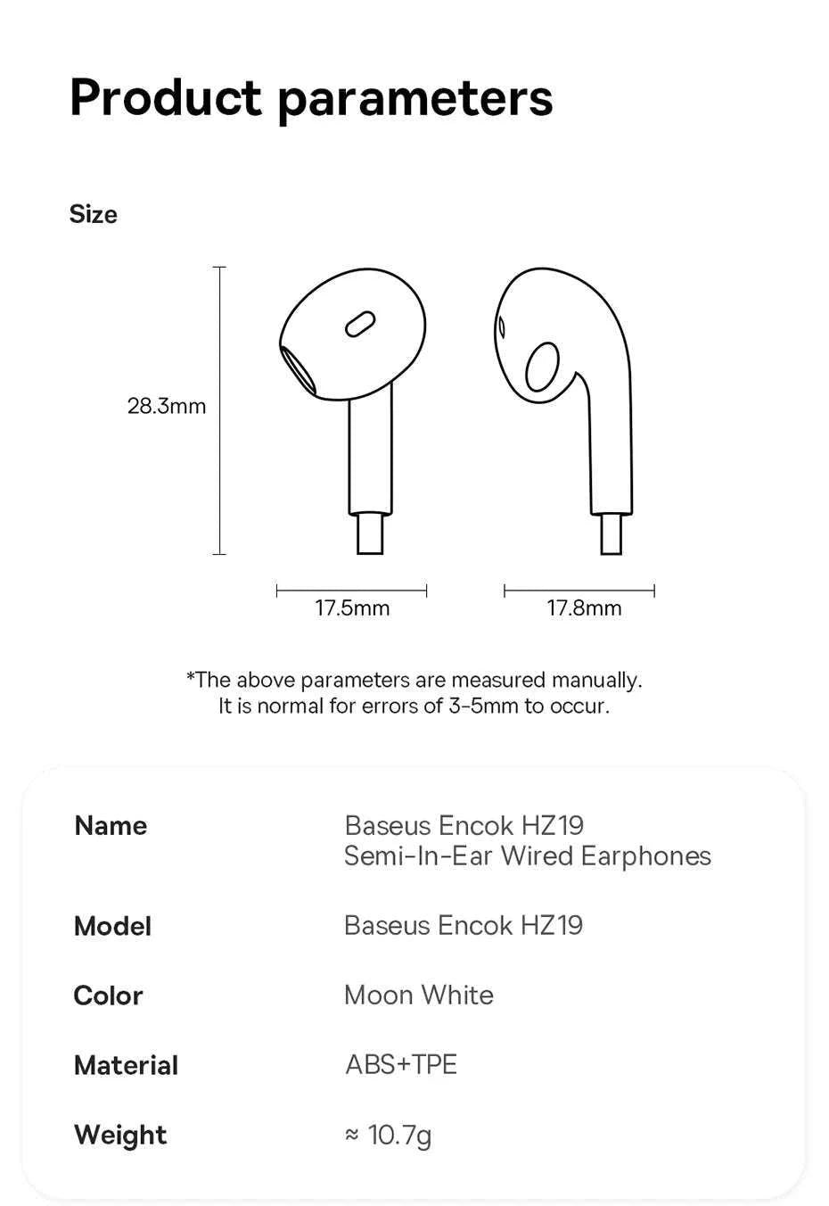 Baseus HZ19 Wired Earphones 3.5mm Semi-In-Ear Headphones-White