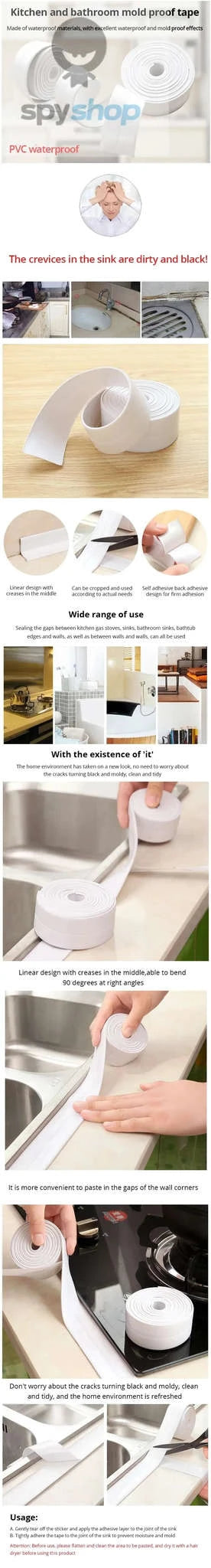 Bathroom Waterproof Sealing Tape PVC Adhesive Strip-white 3MX2CM