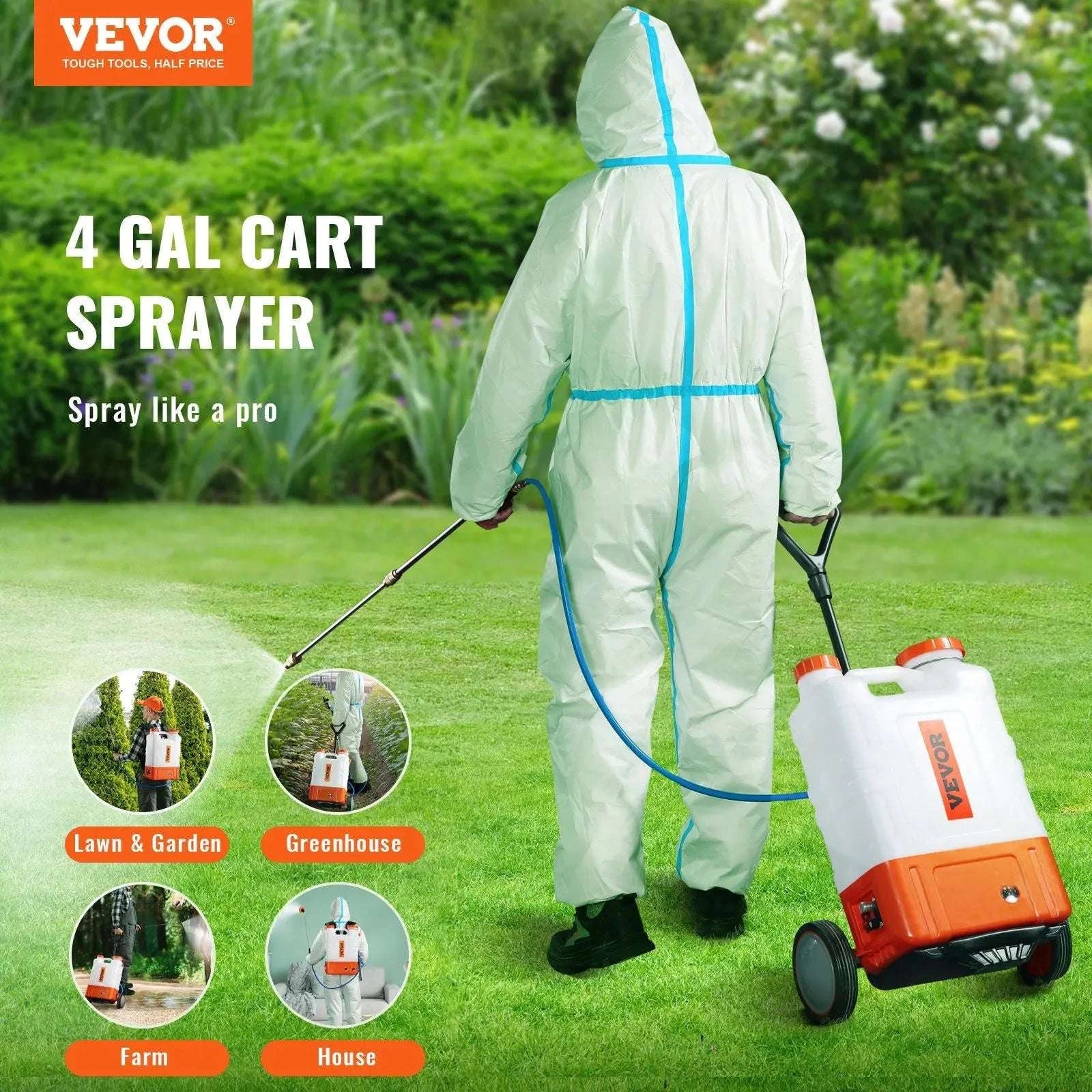 Battery Backpack Sprayer 4 Gallon, 0–94 PSI with Cart and 8 Nozzles-United States