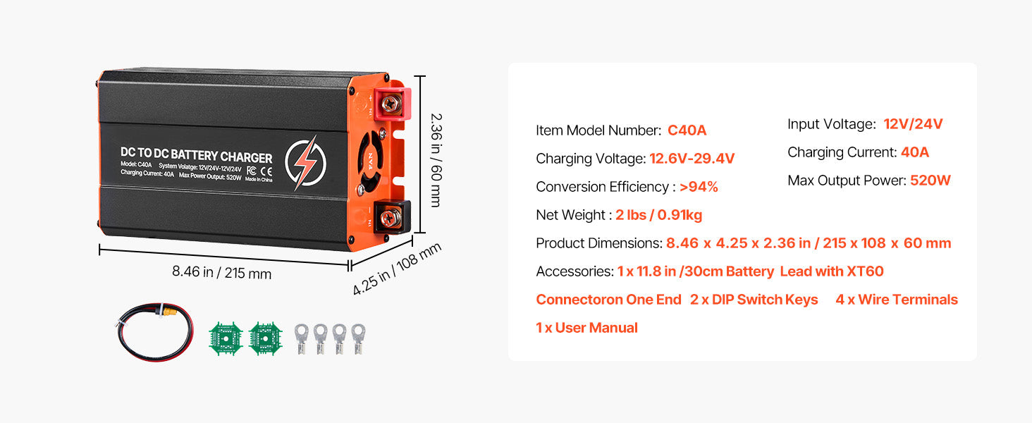 SucceBuy DC-naar-DC acculader 520W 40A dynamolader geschikt voor LiFePO4, loodzuur, AGM en GEL batterijen 12V/24V-12V/24V voor camper