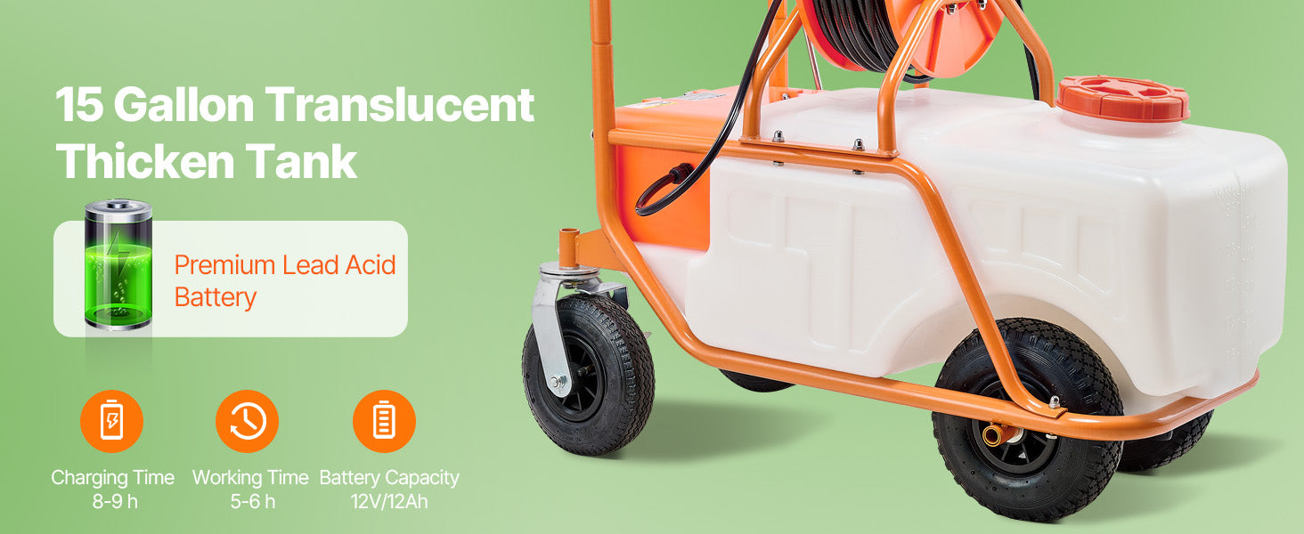 Pompe à lessive powered par batterie de 15 gal agricole à gâchette avec chariot à roues, tuyau de 126 pieds avec enrouleur, 8 gicleurs, 2 manches avec verrouillage pour cultures