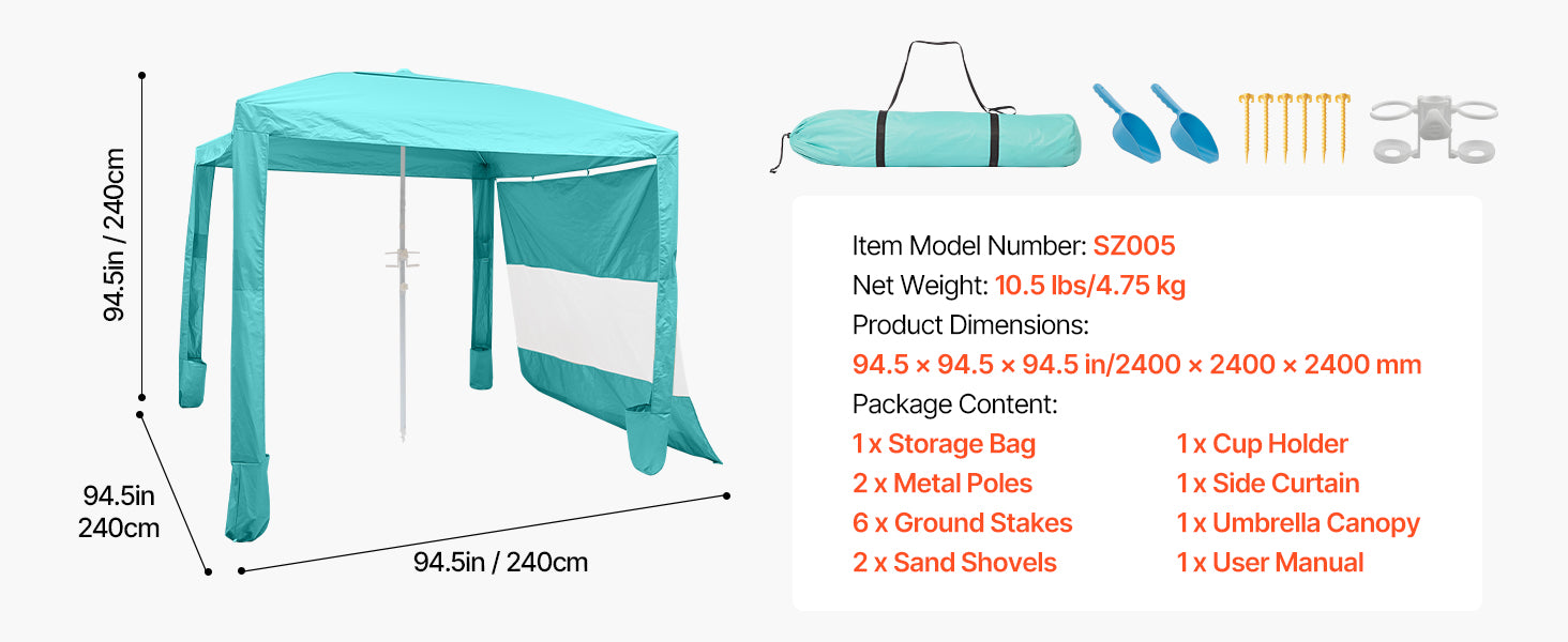 Tenda cabana da spiaggia 8x8 ft con ombra UPF 50+ e parete laterale