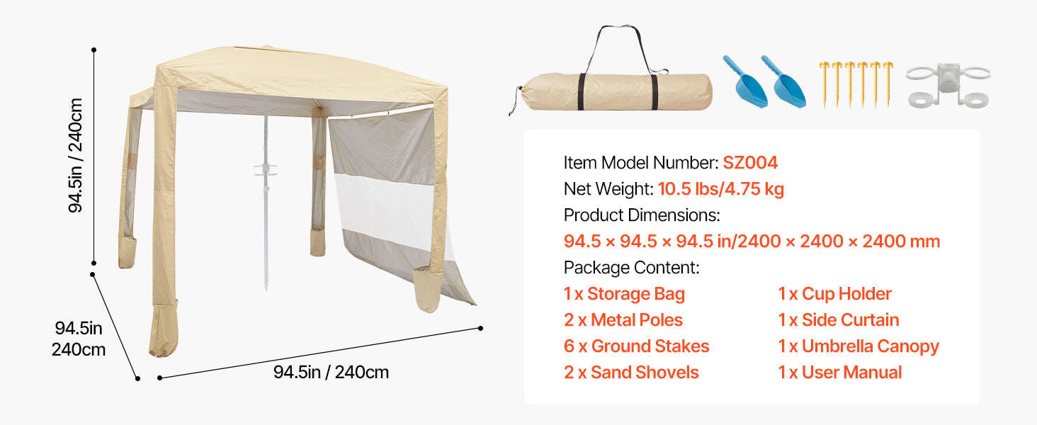 Beach Cabana Canopy with Side Wall and Sand Pockets-8ft x 8ft typeD / United States