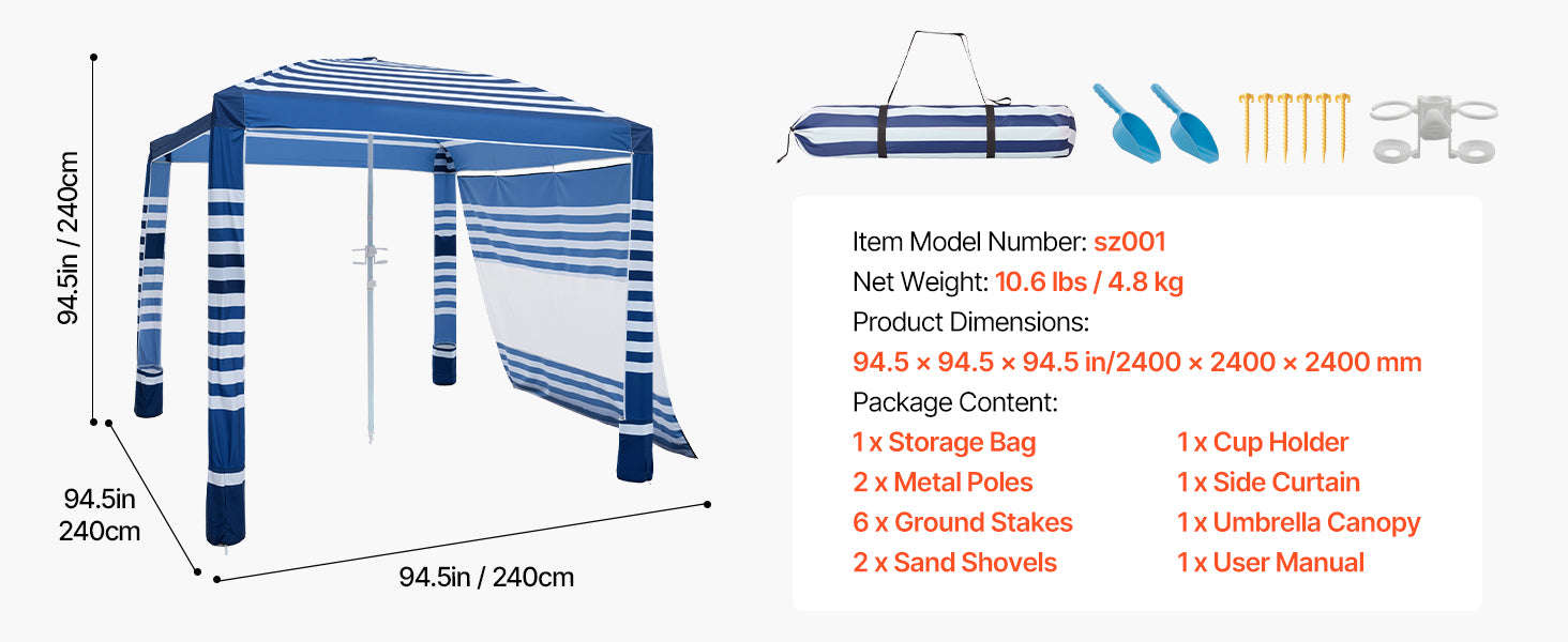 Beach Cabana Canopy with Side Wall and Sand Pockets-8ft x 8ft typeD / United States