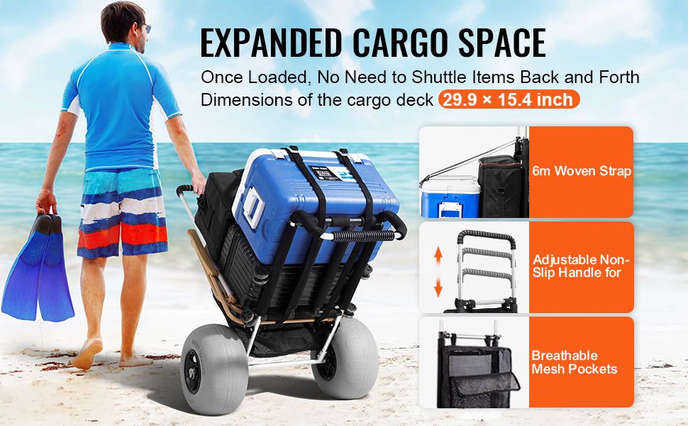 SucceBuy Beach Dolly with Big Wheels for Sand 29.9" x 15.4" Cargo Deck w/ 12" Balloon Wheels, 165LBS Folding Sand Cart for Beach