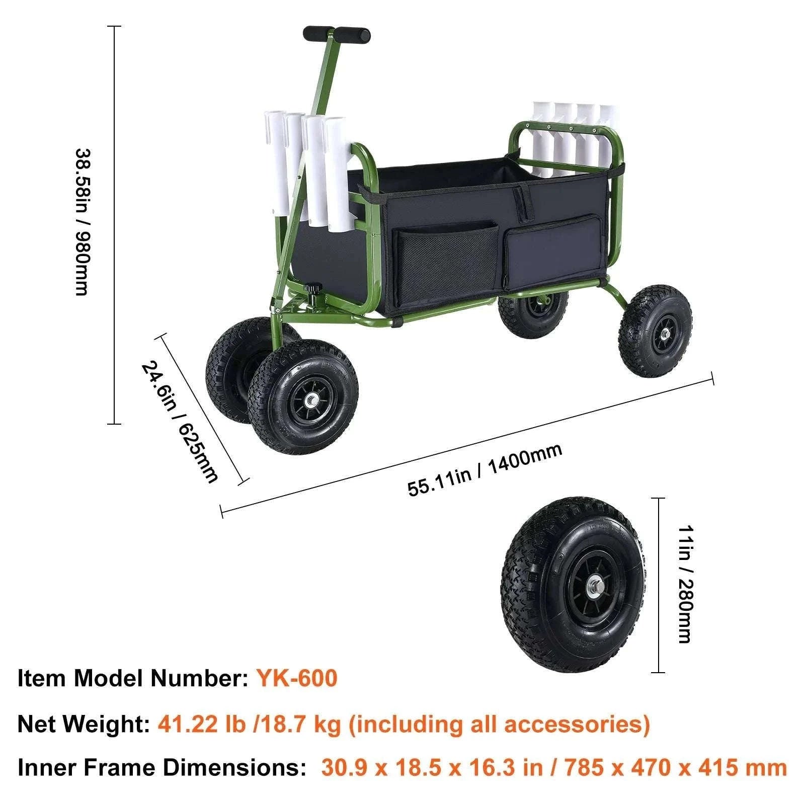 Beach Fishing Cart with 300lb Capacity, 11" Wheels & 8 Rod Holders-300 lbs / United States