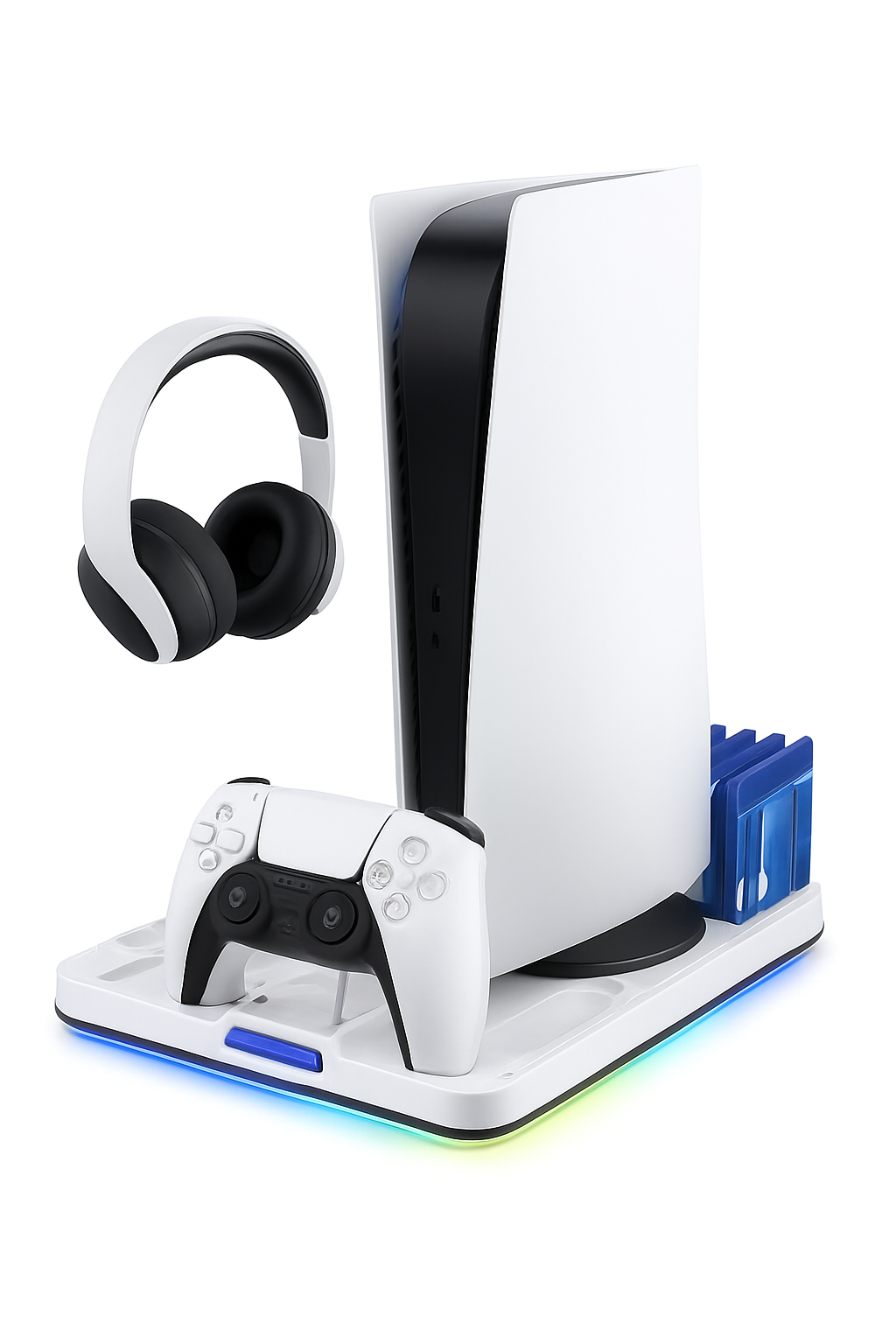 Slim Console Cooling Stand with RGB Light, Dual Controller Charger, 15 Game Slots and Headset Holder