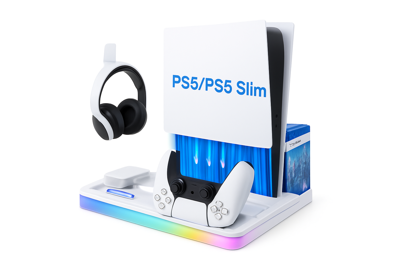 Slim Console Cooling Stand with RGB Light, Dual Controller Charger, 15 Game Slots and Headset Holder