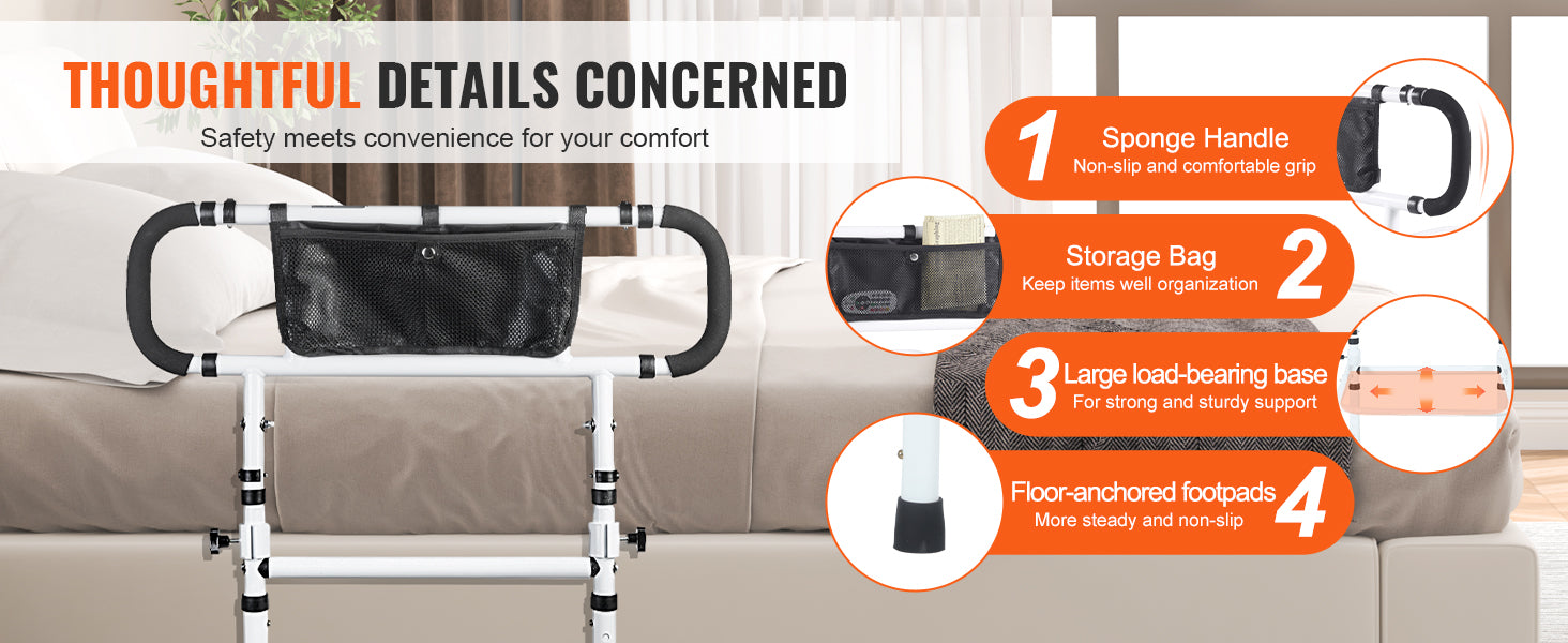 Foldable Bed Assist Rail with Adjustable Handle
