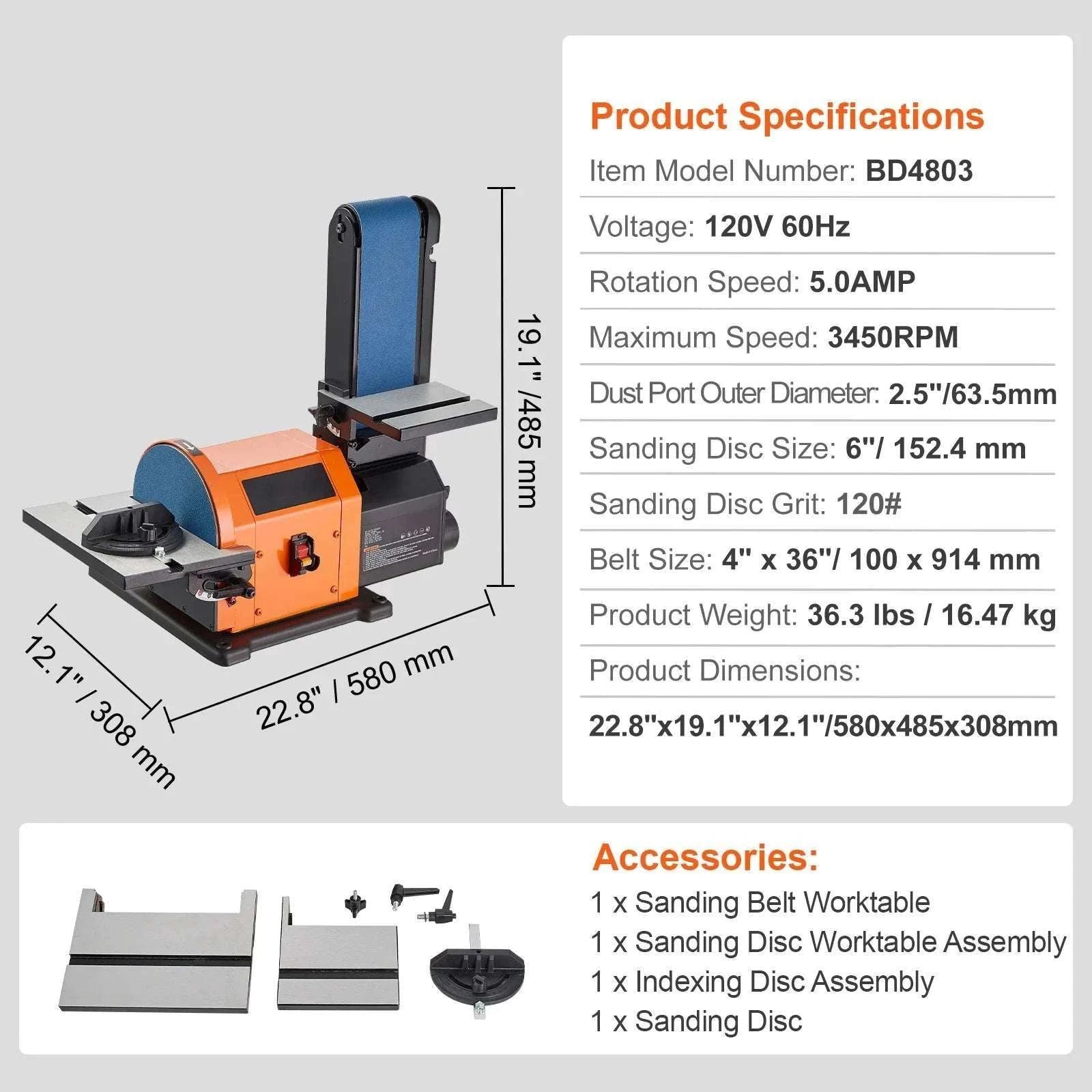Belt Disc Sander Combo Bench with Adjustable Angle and Induction Motor-5.0AMP / United States