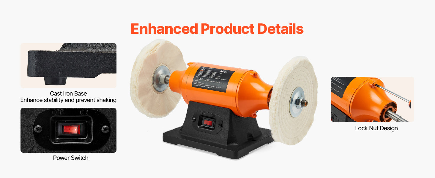 6-Inch Bench Buffer Polisher 1/2HP 3450RPM with Cloth Wheels