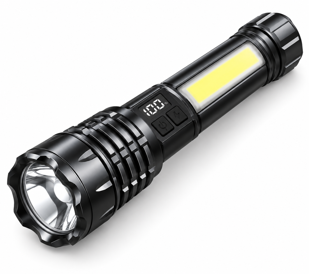 Black rechargeable flashlight with side work light on white background