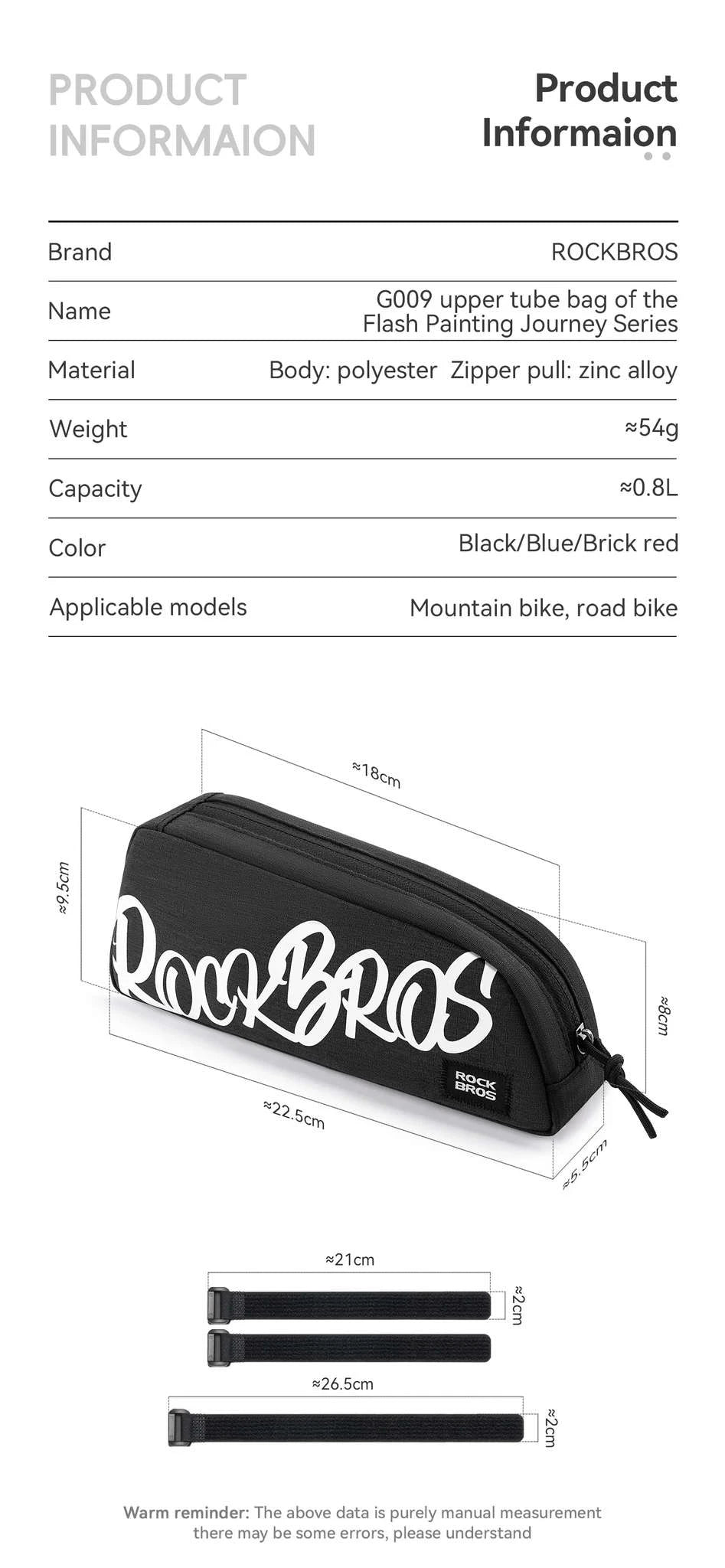 Bike Top Tube Bag 0.8L Rainproof Frame Pack-G009-3 / 0.8L