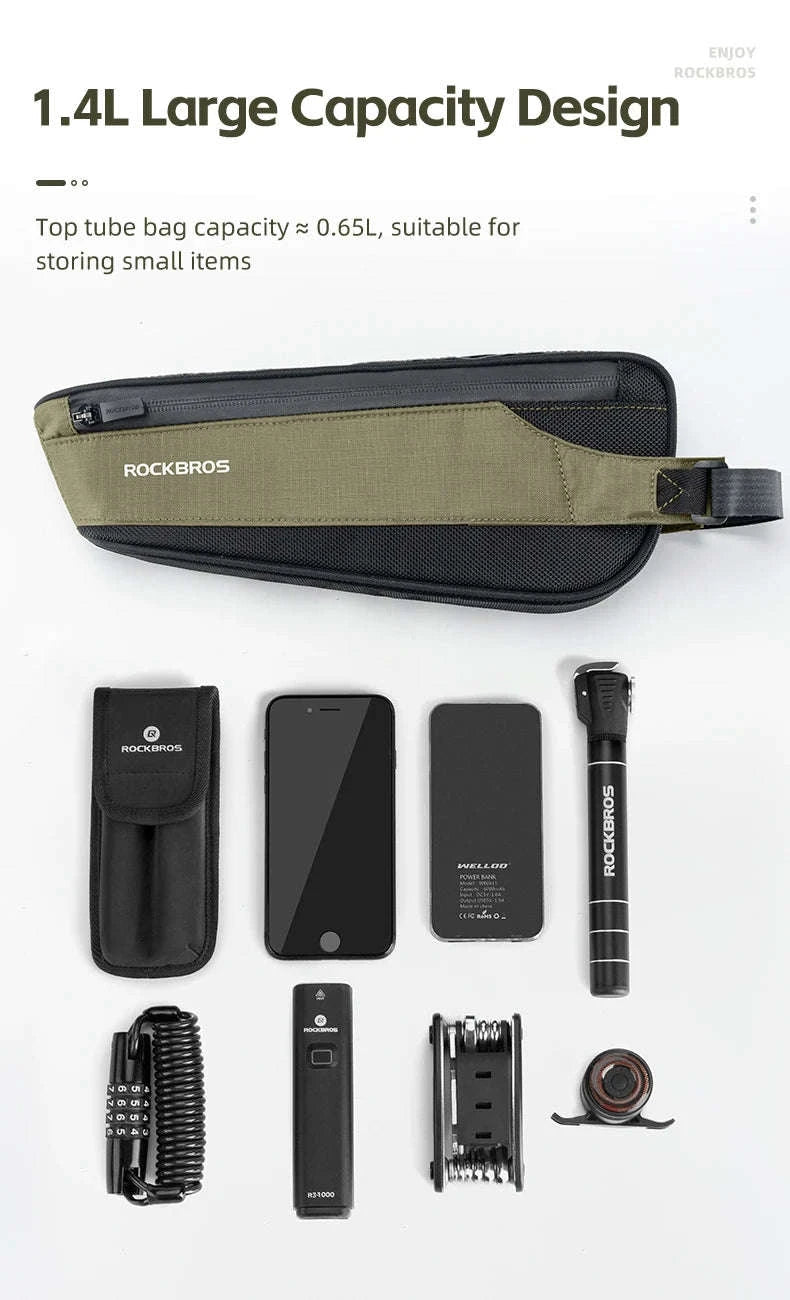 Bike Top Tube Frame Bag Rainproof Nylon Phone & Tool Storage-green 0.65L