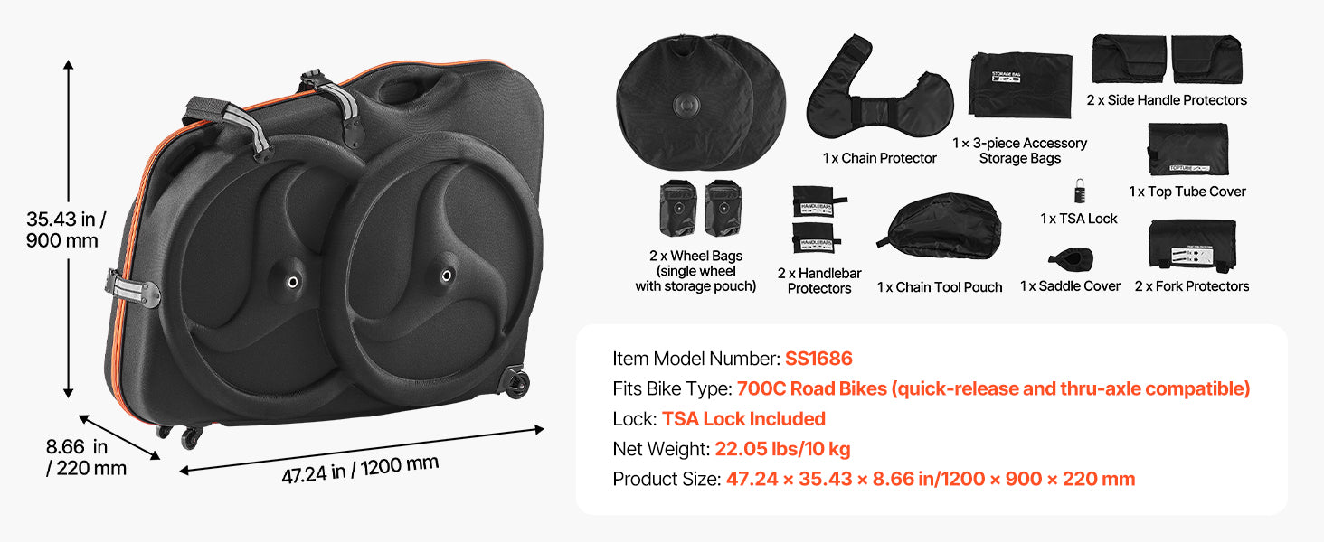 Caja de viaje para bicicleta SucceBuy: estuche de viaje rígido con EVA, candado TSA y ruedas, bolsa de transporte segura para bicicleta de carretera 700C