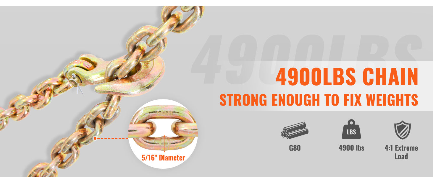 SucceBuy 1/2pcs Binder Chain Trailer Tow Zinc Plated Truck with Safety Grab Hooks for Logging Binder Tie Down Transport Flatbed