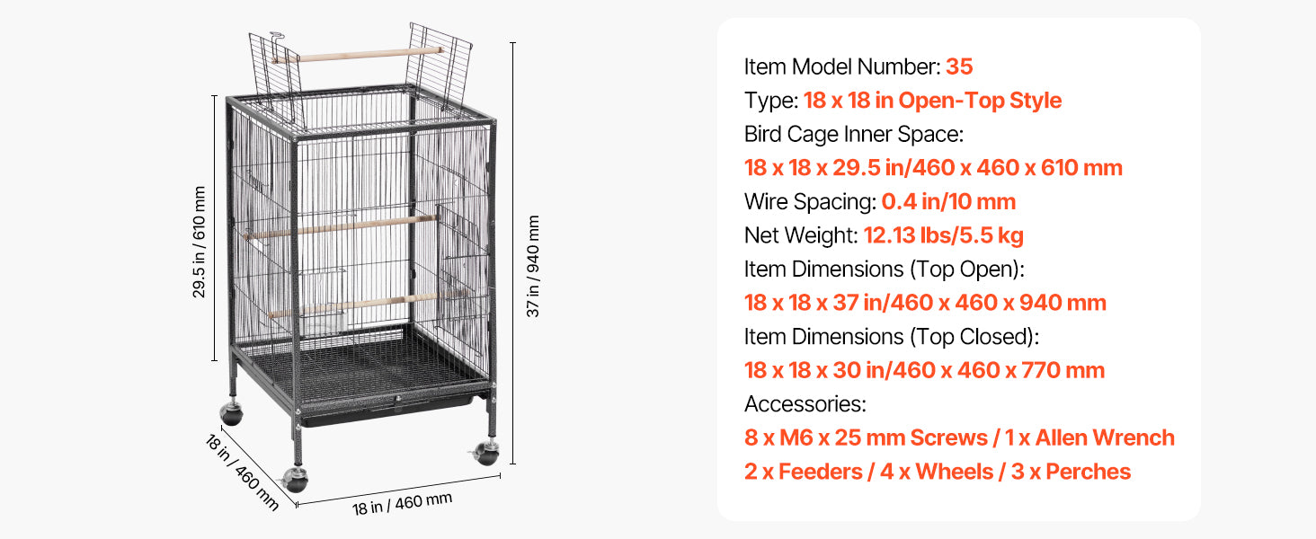 Bird Flight Cage with Perches, Slide-Out Tray, Feeders and Wheels