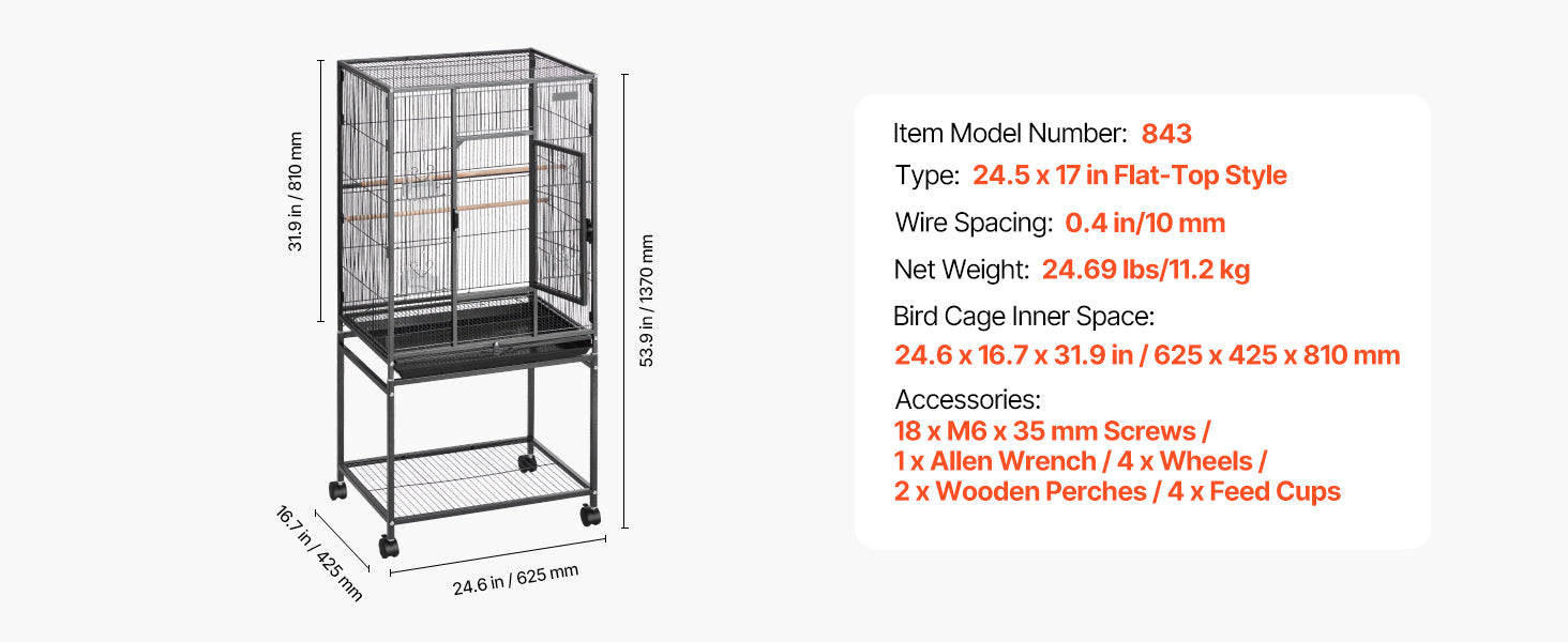 Bird Flight Cage with Perches, Slide-Out Tray, Feeders and Wheels