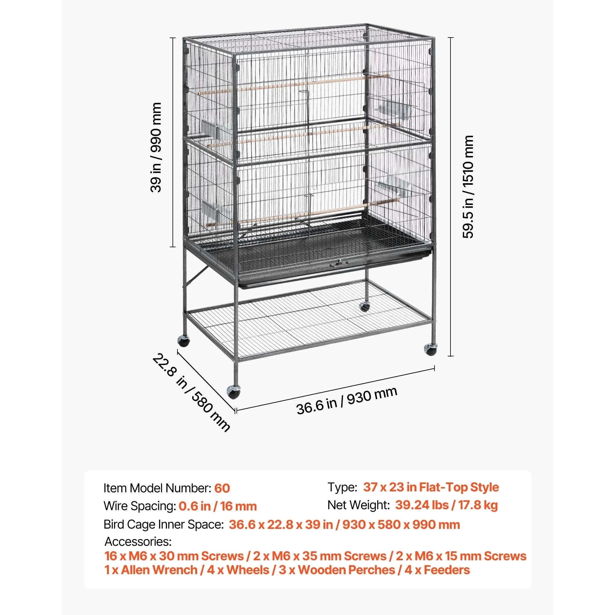 Bird Flight Cage with Perches, Slide-Out Tray, Feeders and Wheels-24.5 x 17inch / spain