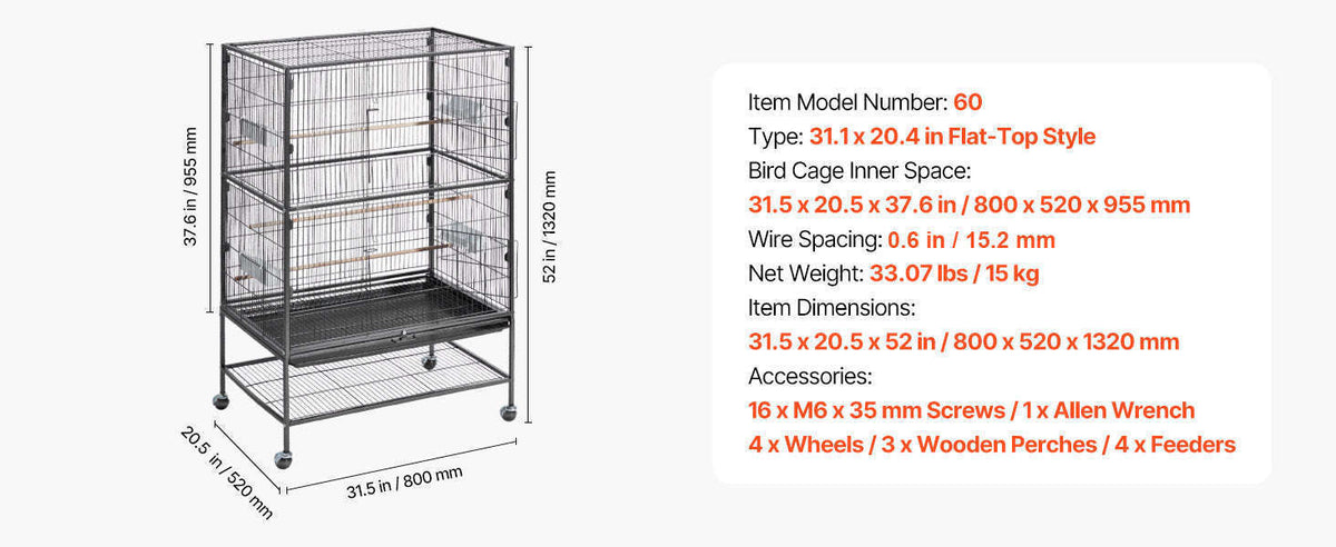 Bird Flight Cage with Perches, Slide-Out Tray, Feeders and Wheels-24.5 x 17inch / spain