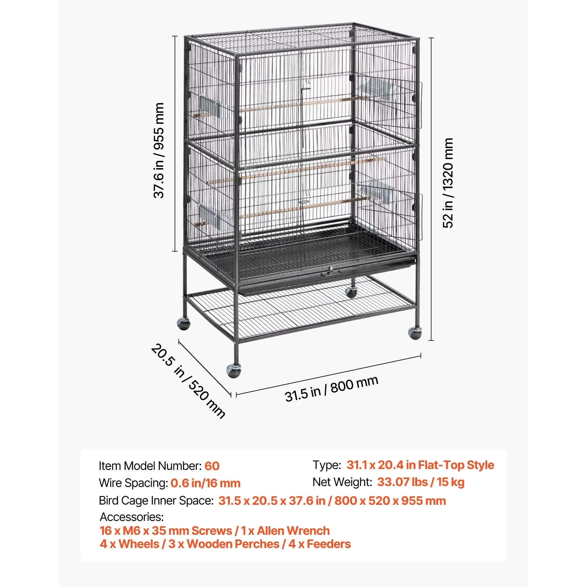 Bird Flight Cage with Perches, Slide-Out Tray, Feeders and Wheels-24.5 x 17inch / spain