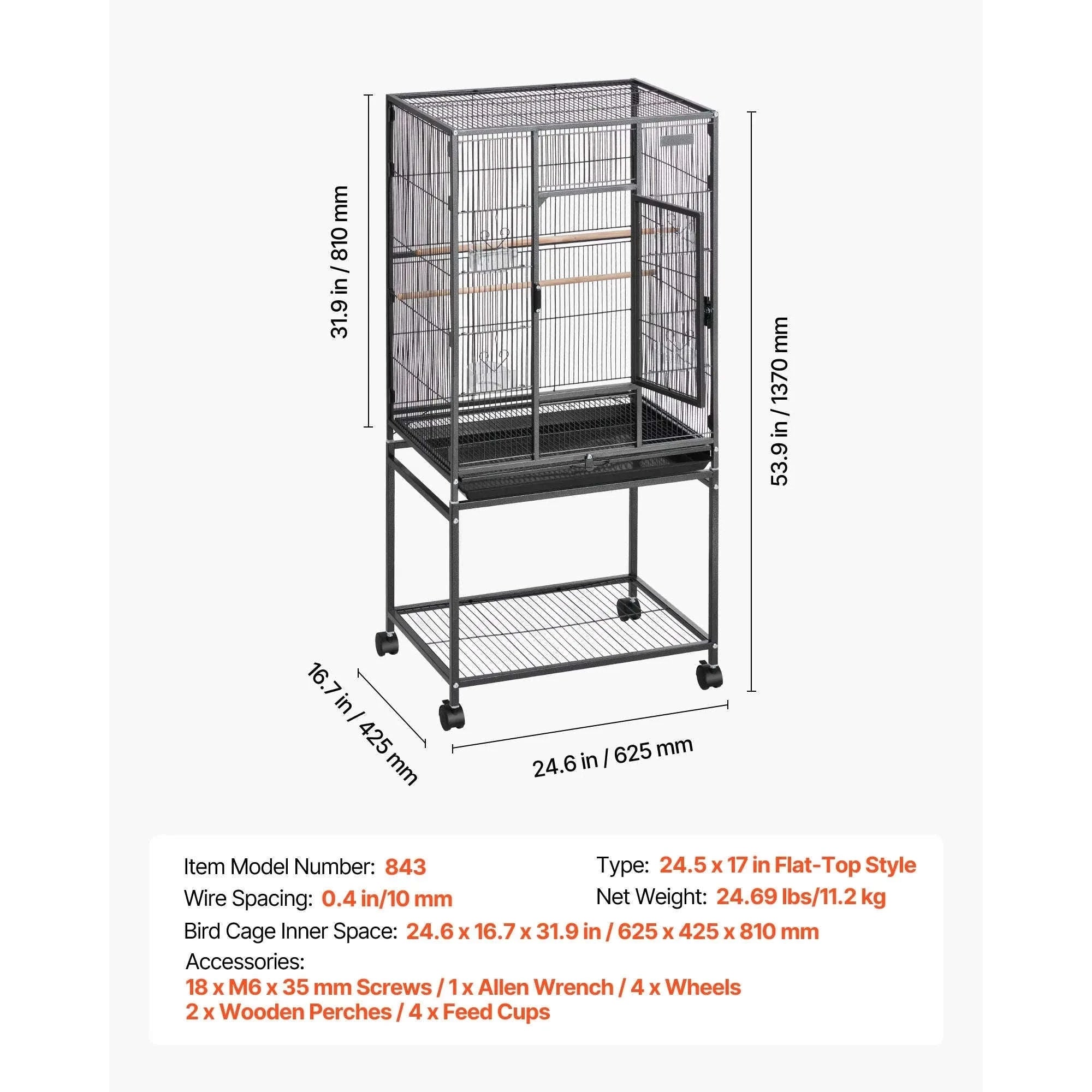 Bird Flight Cage with Perches, Slide-Out Tray, Feeders and Wheels-24.5 x 17inch / spain