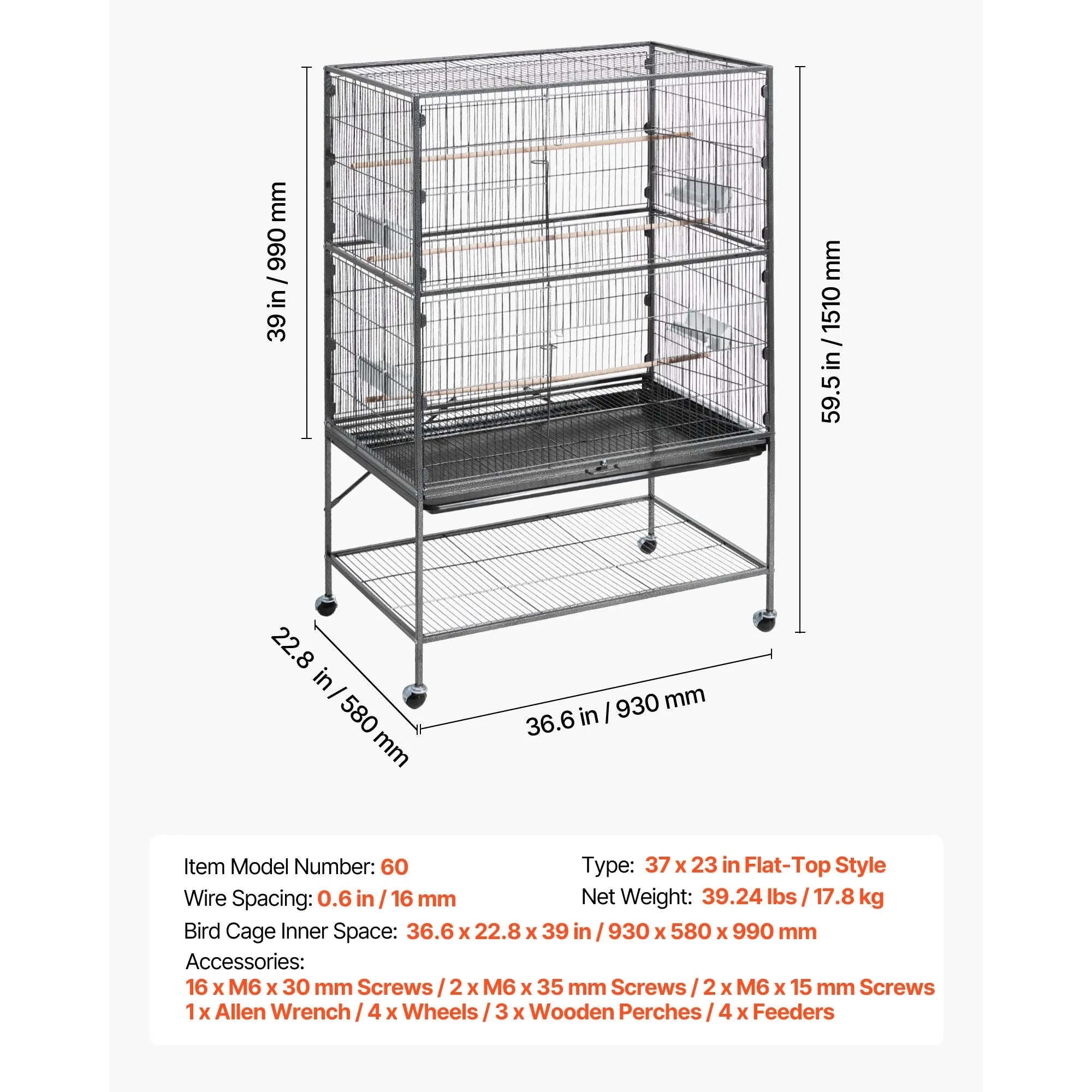 Bird Flight Cage with Perches, Slide-Out Tray, Feeders and Wheels-24.5 x 17inch / spain