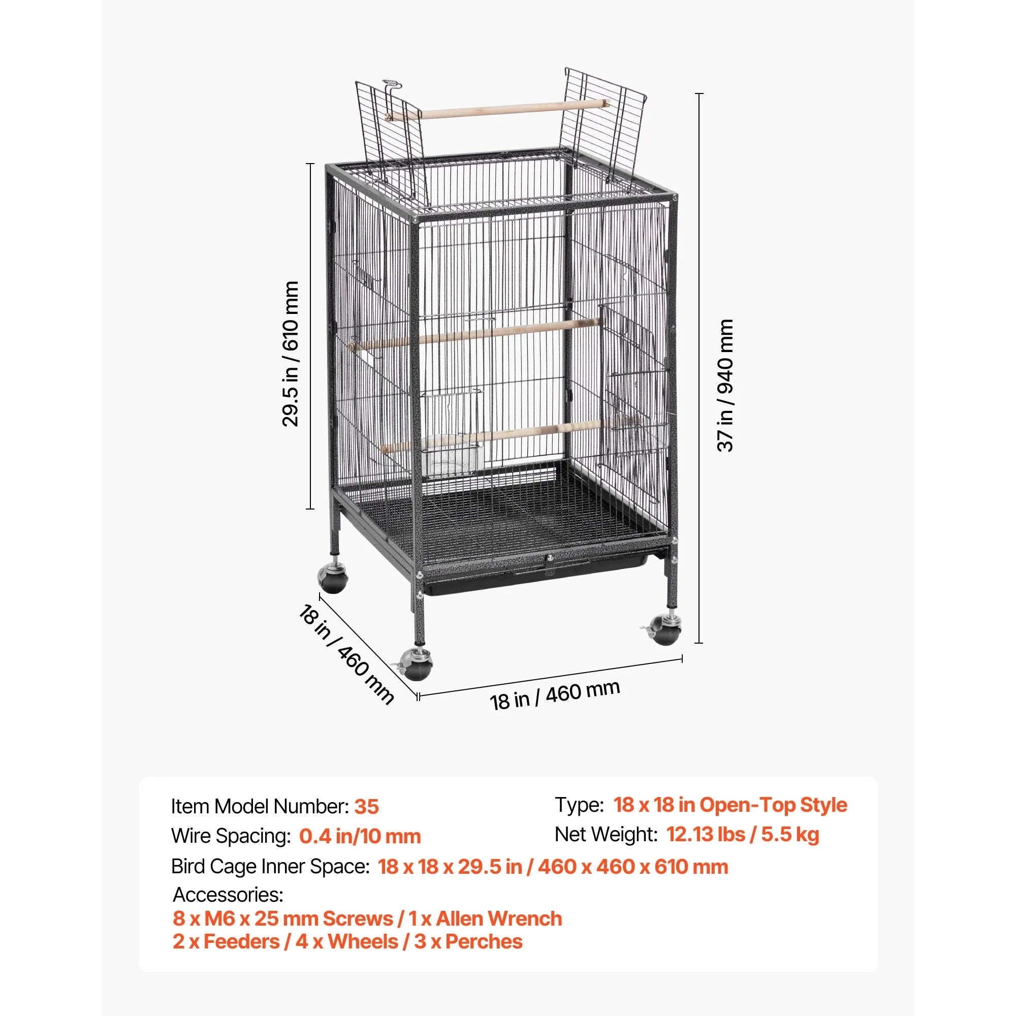Bird Flight Cage with Perches, Slide-Out Tray, Feeders and Wheels-24.5 x 17inch / spain
