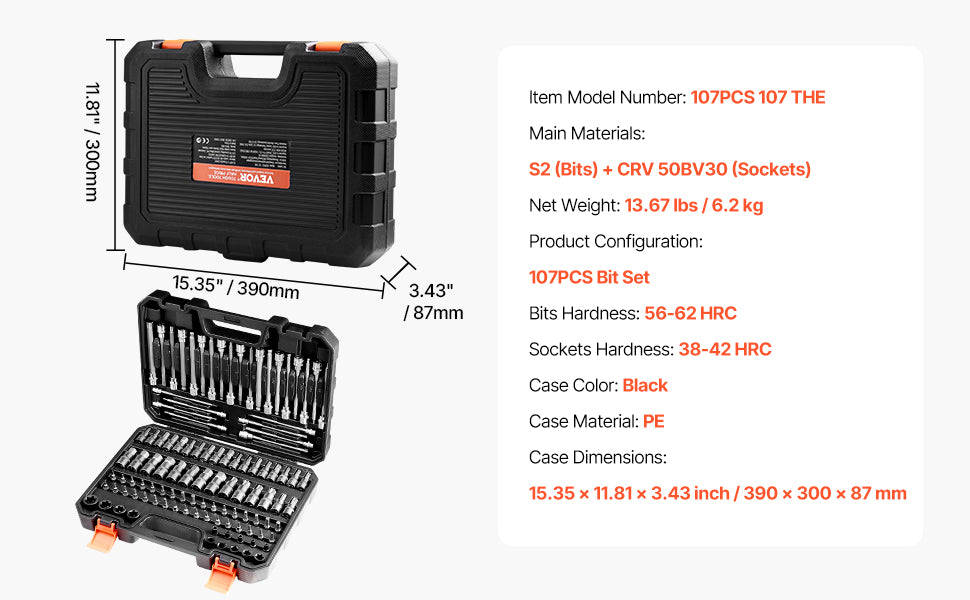 SucceBuy Bit Socket Set 107-Piece SAE and Metric Hex/Torx/External Torx/Tamper-Proof/Extra Long S2 Alloy Steel and Cr-V Steel