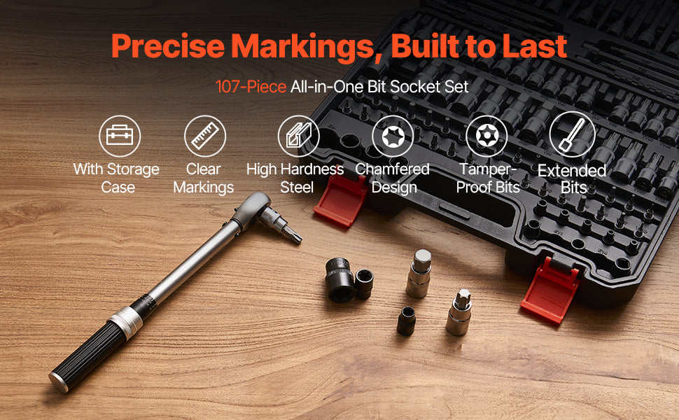 SucceBuy Bit Socket Set 107-Piece SAE and Metric Hex/Torx/External Torx/Tamper-Proof/Extra Long S2 Alloy Steel and Cr-V Steel