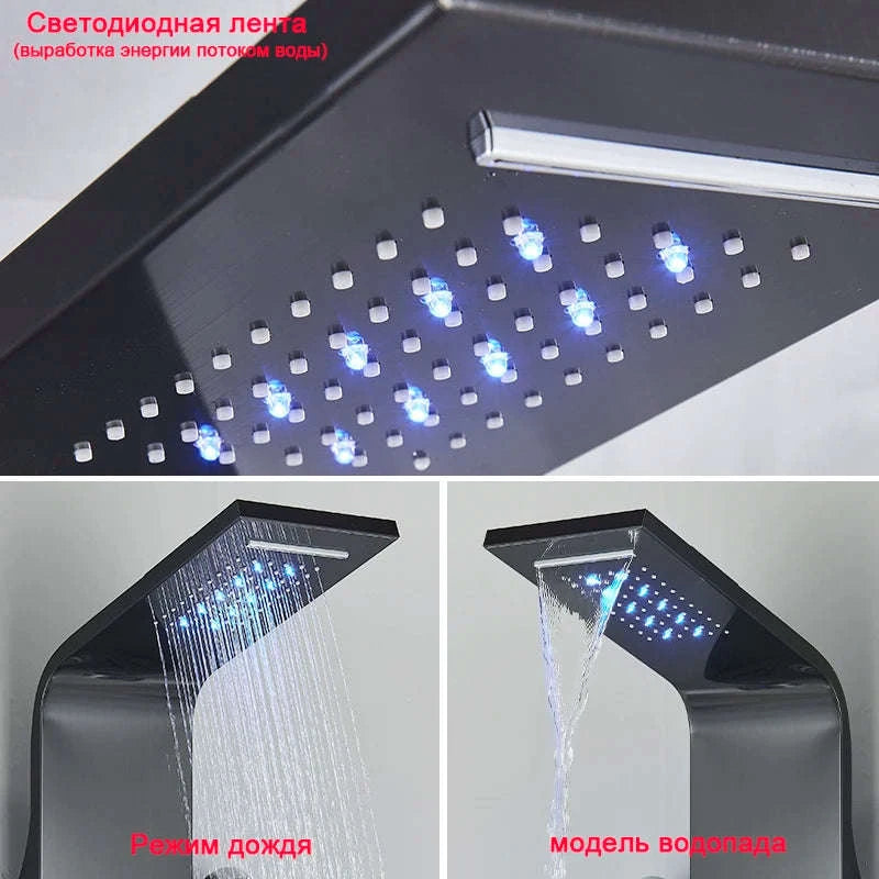 Black Bathroom Shower Panel with LED Display and Massage Jets-Brushed 8009 / GERMANY