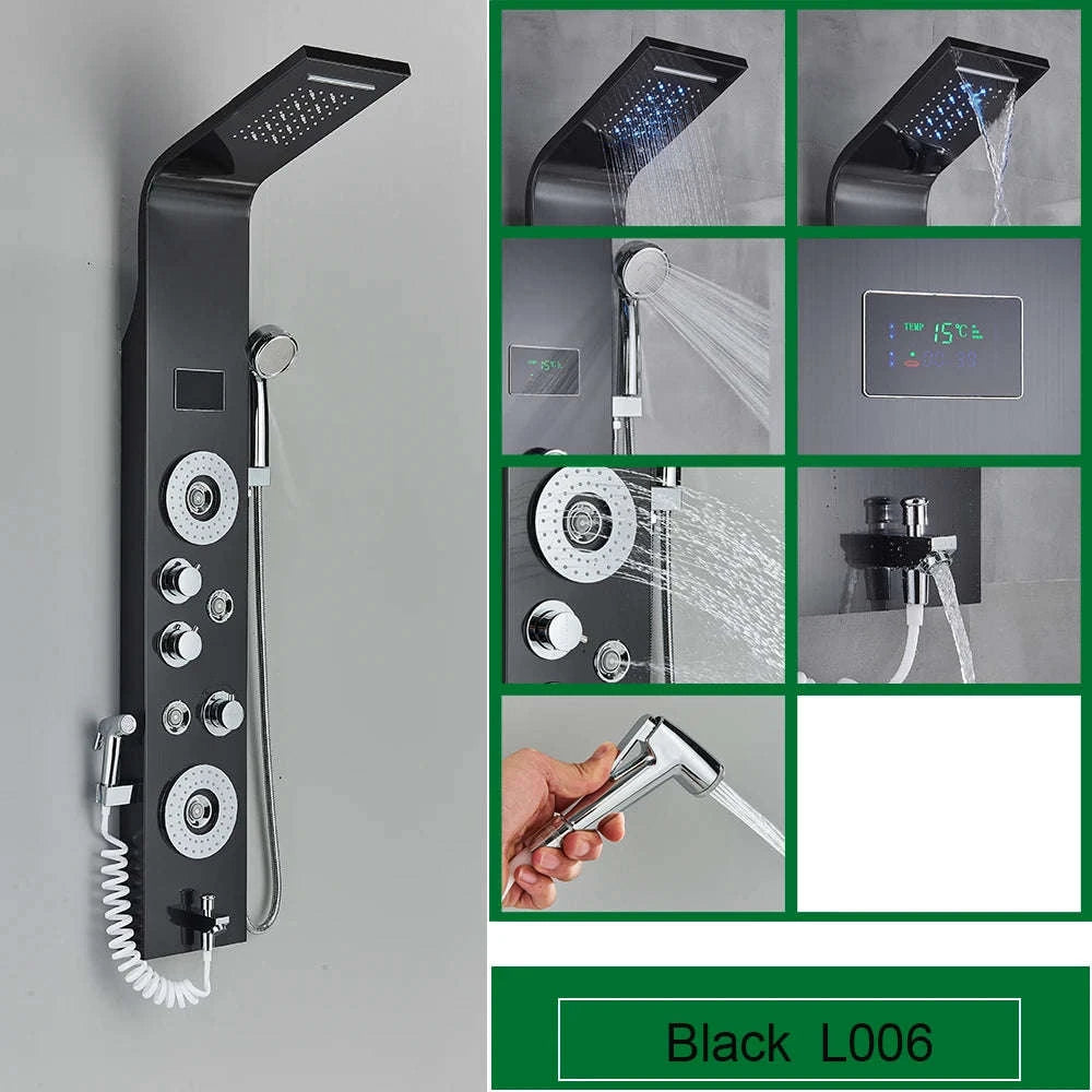 Black Bathroom Shower Panel with LED Display and Massage Jets-Brushed 8009 / GERMANY