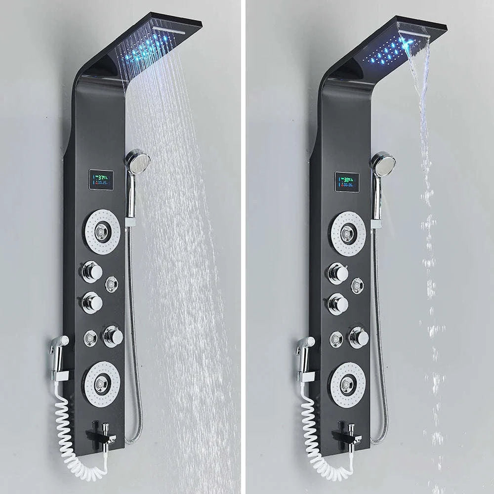 Black Bathroom Shower Panel with LED Display and Massage Jets-Brushed 8009 / GERMANY