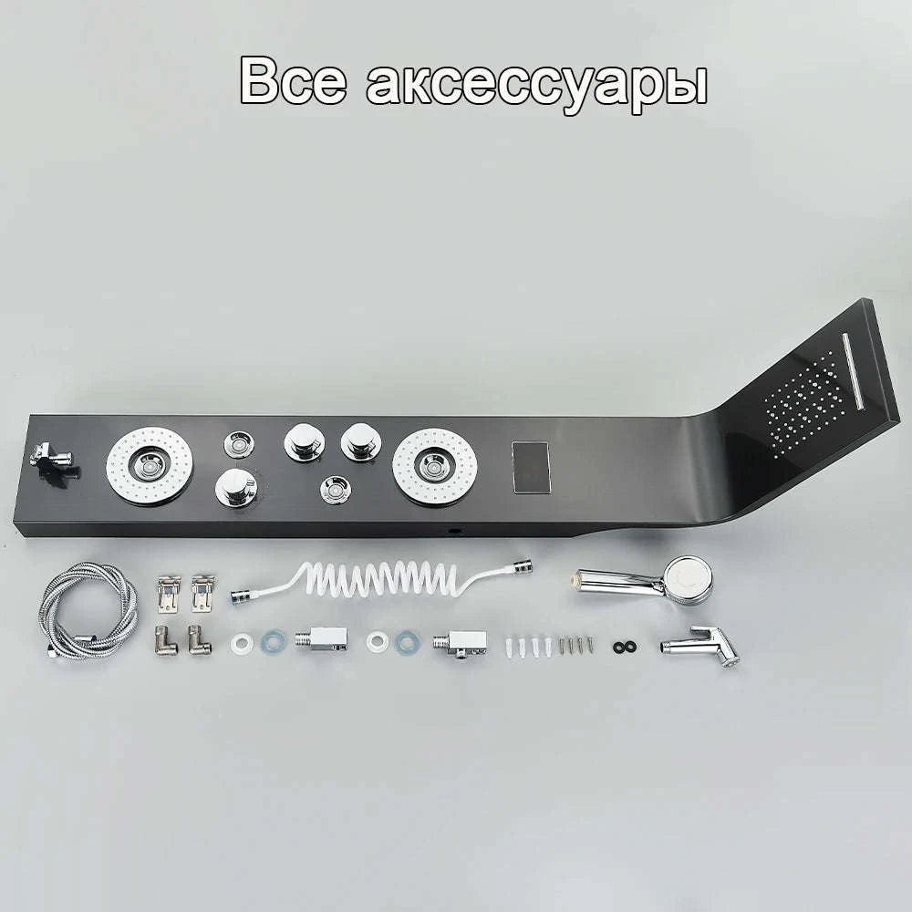 Black Bathroom Shower Panel with LED Display and Massage Jets-Brushed 8009 / GERMANY