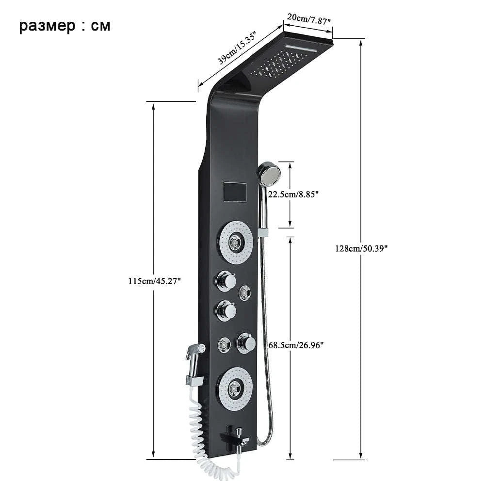 Black Bathroom Shower Panel with LED Display and Massage Jets-Brushed 8009 / GERMANY