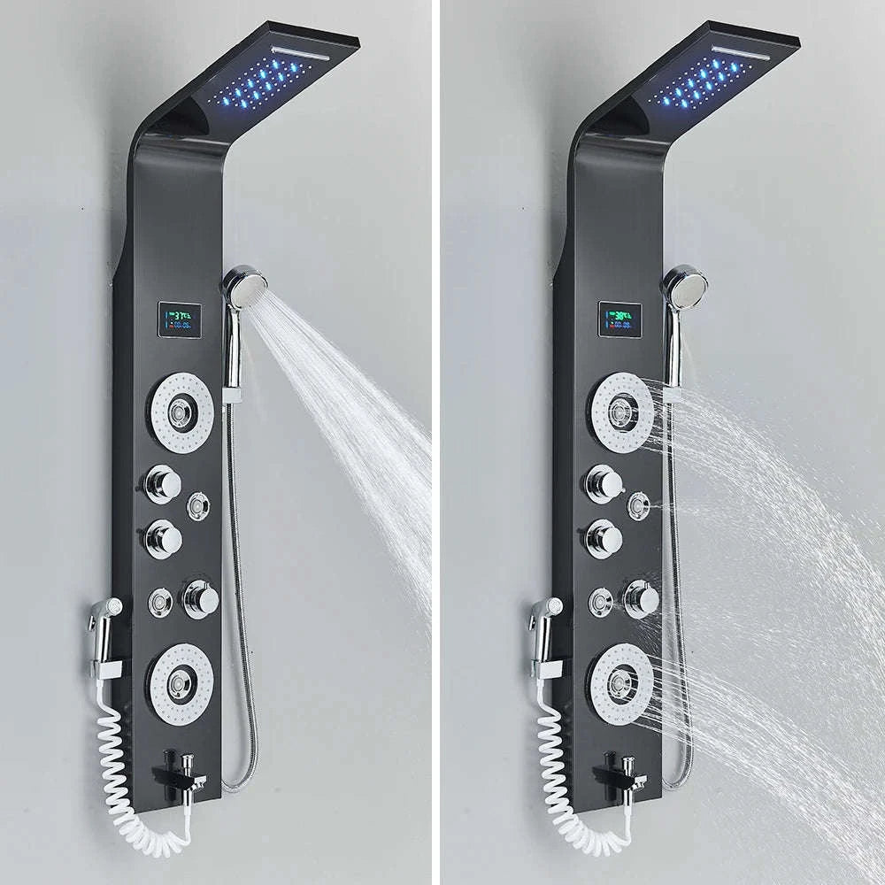Black Bathroom Shower Panel with LED Display and Massage Jets-Brushed 8009 / GERMANY