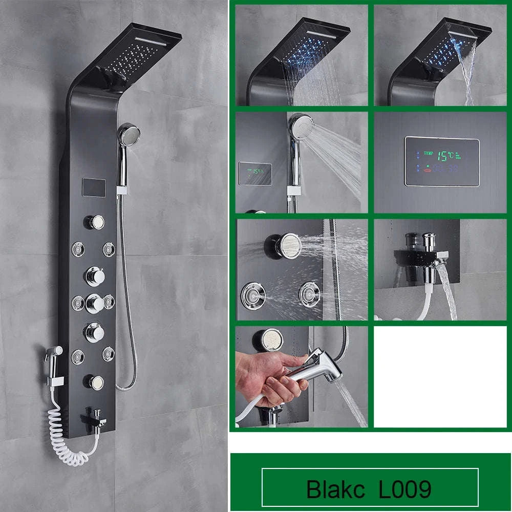 Black Bathroom Shower Panel with LED Display and Massage Jets-Brushed 8009 / GERMANY
