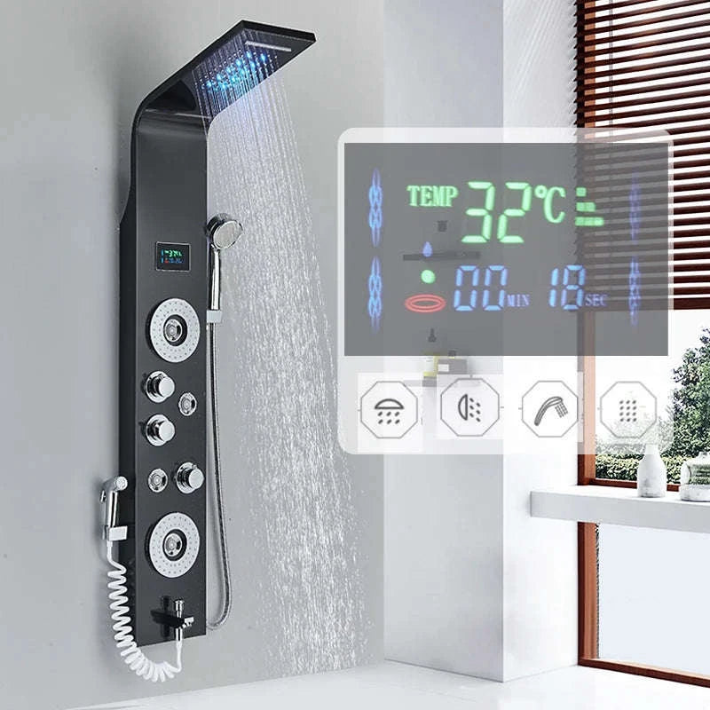 Black Bathroom Shower Panel with LED Display and Massage Jets-Brushed 8009 / GERMANY