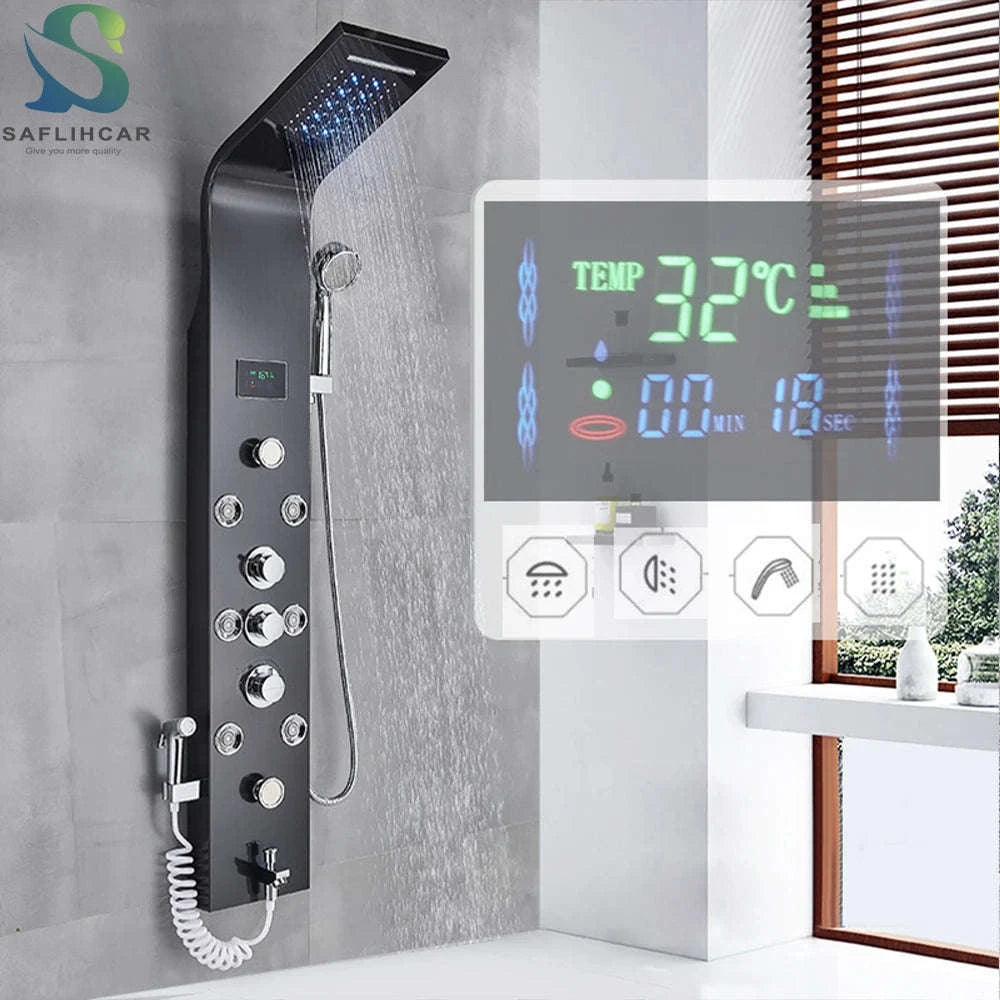 Black Bathroom Shower Panel with LED Display and Massage Jets-Brushed 8009 / GERMANY